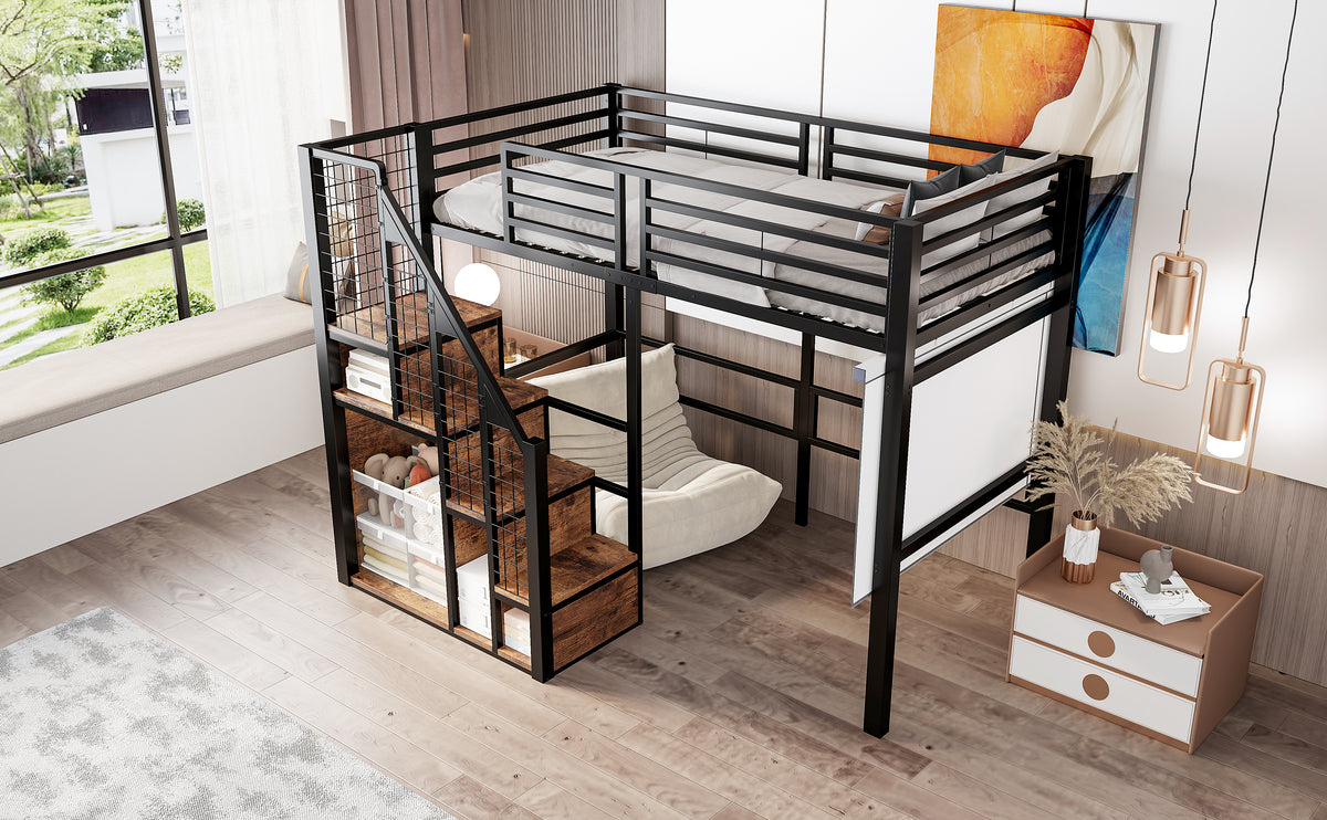 Bunk Bed with Safety Ladder 90x200 & Storage, Black Iron Frame