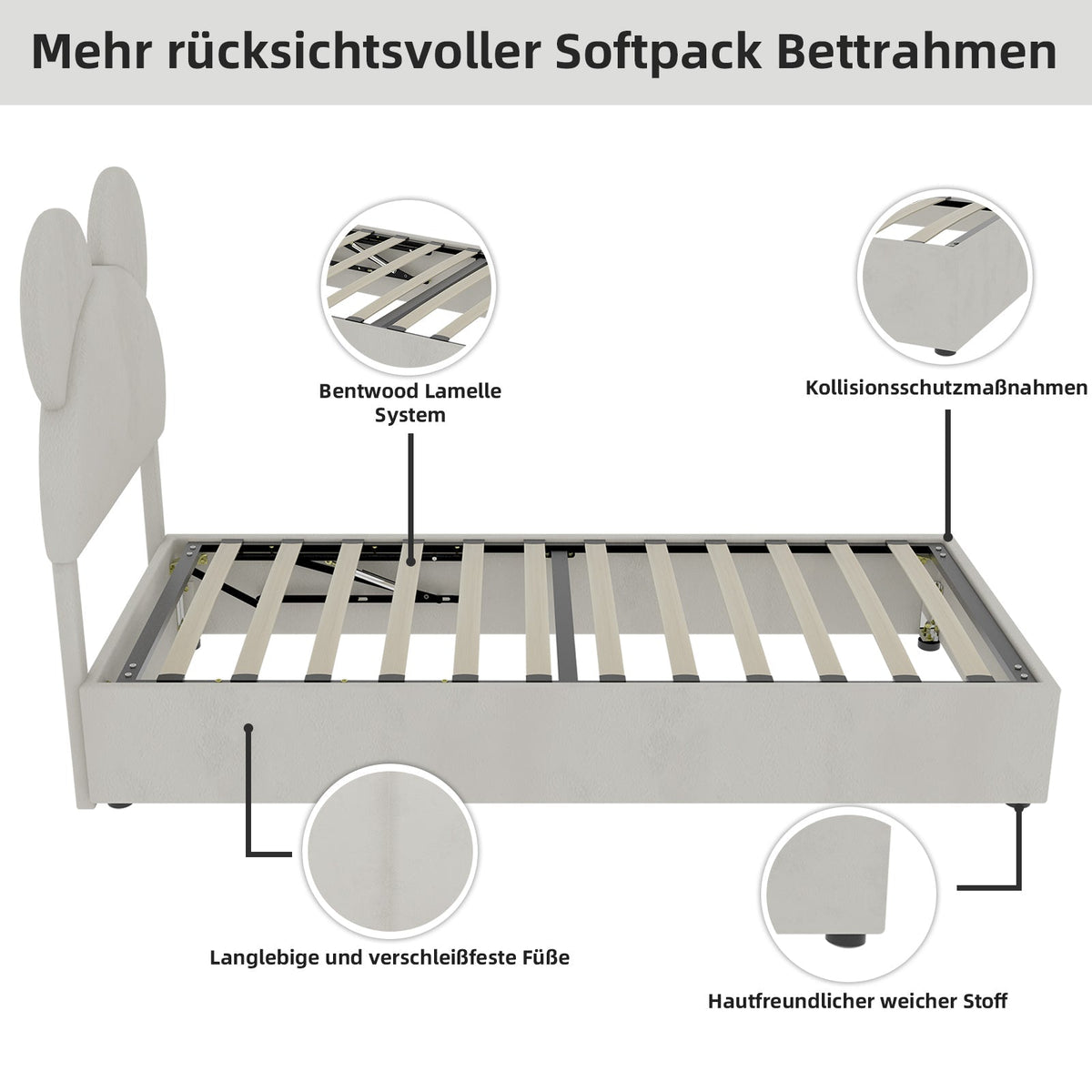 Modern Minimalist Upholstered Bed, Soft Cartoon-Design Headboard, Storage Base, Beige