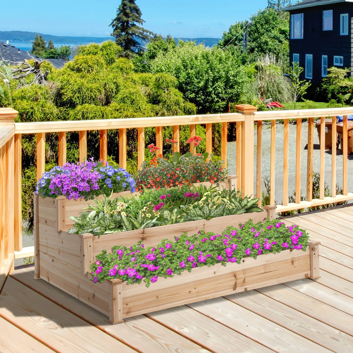 Raised Garden Bed 3-Tier Planter Flower Stand, Natural Fir Wood