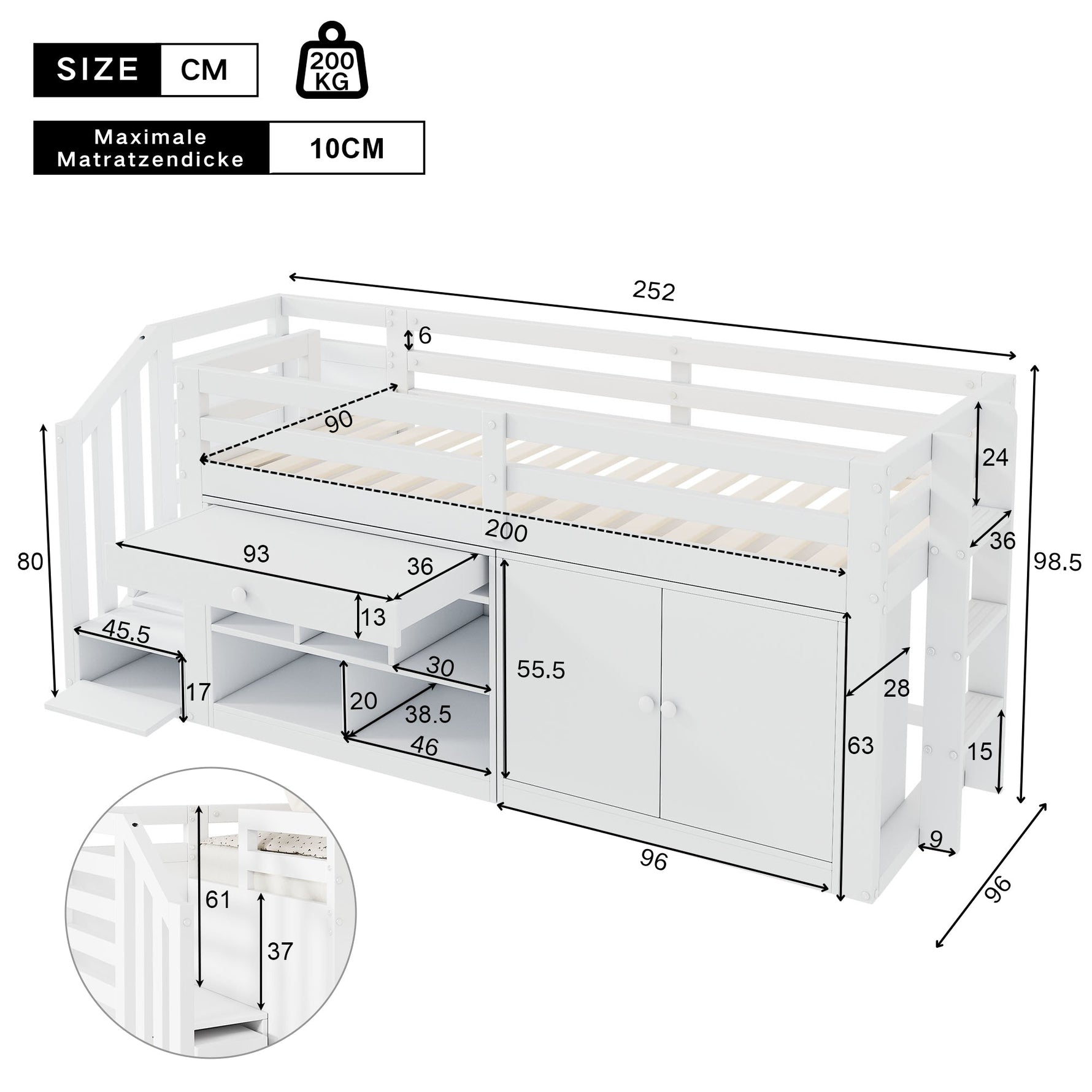Multifunctional Children's Bed with Stairs, Storage and Reversible Desk, 90x200cm, White Wood