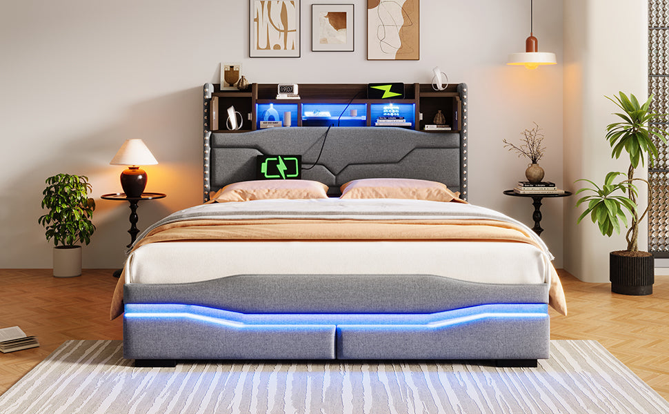 Upholstered Bed with USB-C Charging, LED Ambient Lighting and Hydraulic Storage, Grey