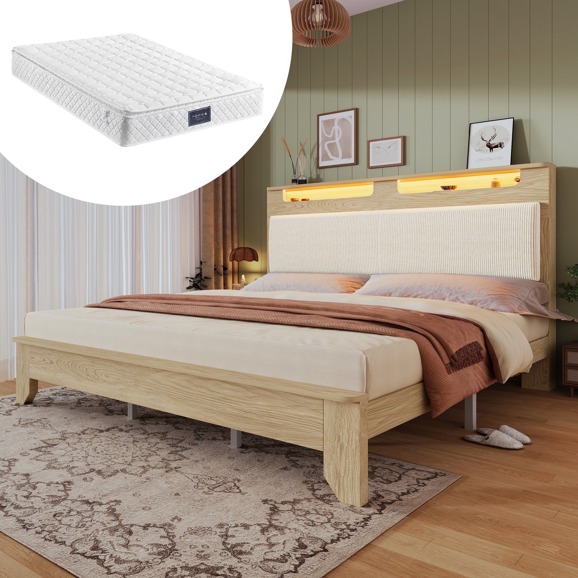Double Bed 140x200cm, LED Headboard with Storage, Beige Corduroy & Light Oak