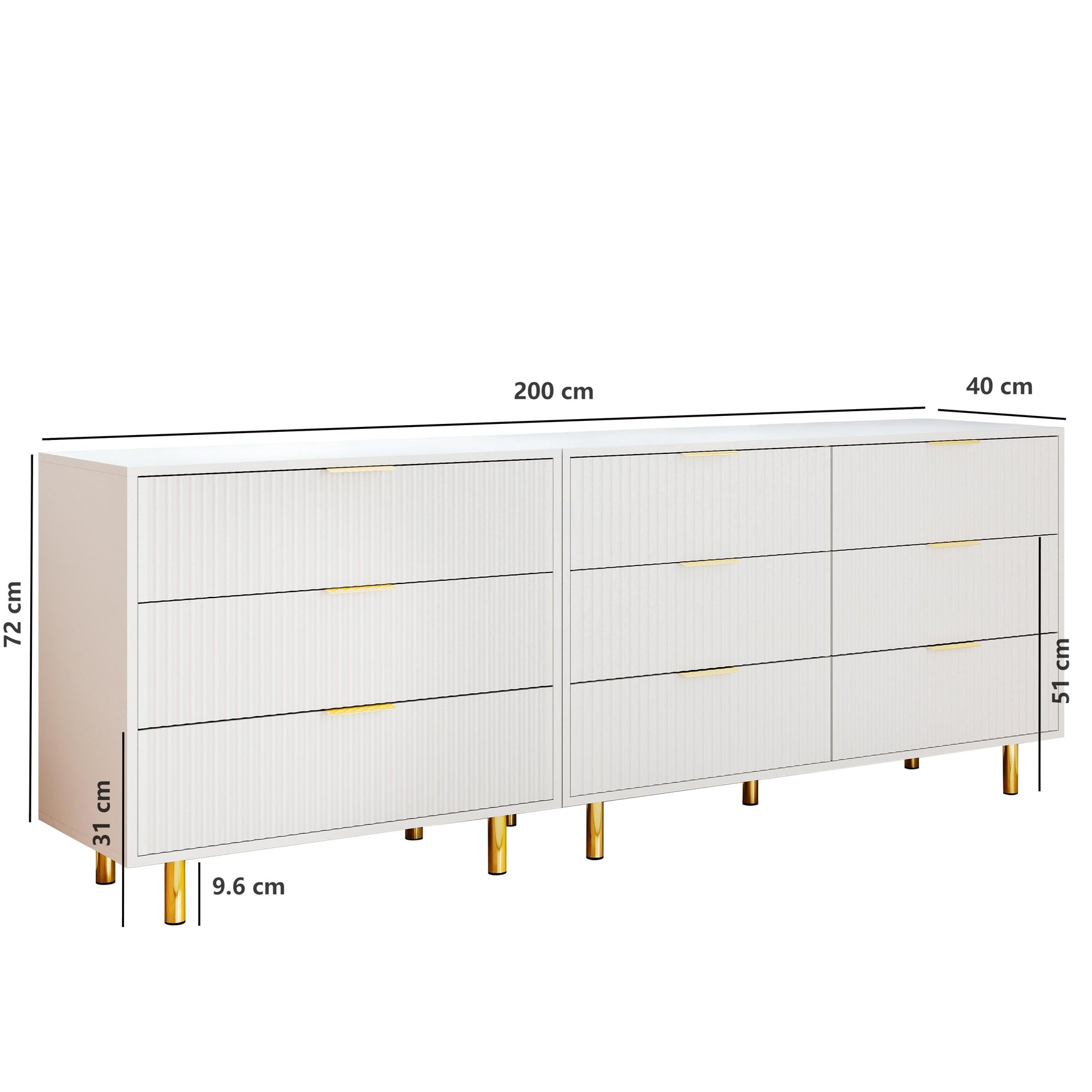 Modular Drawer Unit with 9 Drawers and Modern Sideboard Set, White and Gold