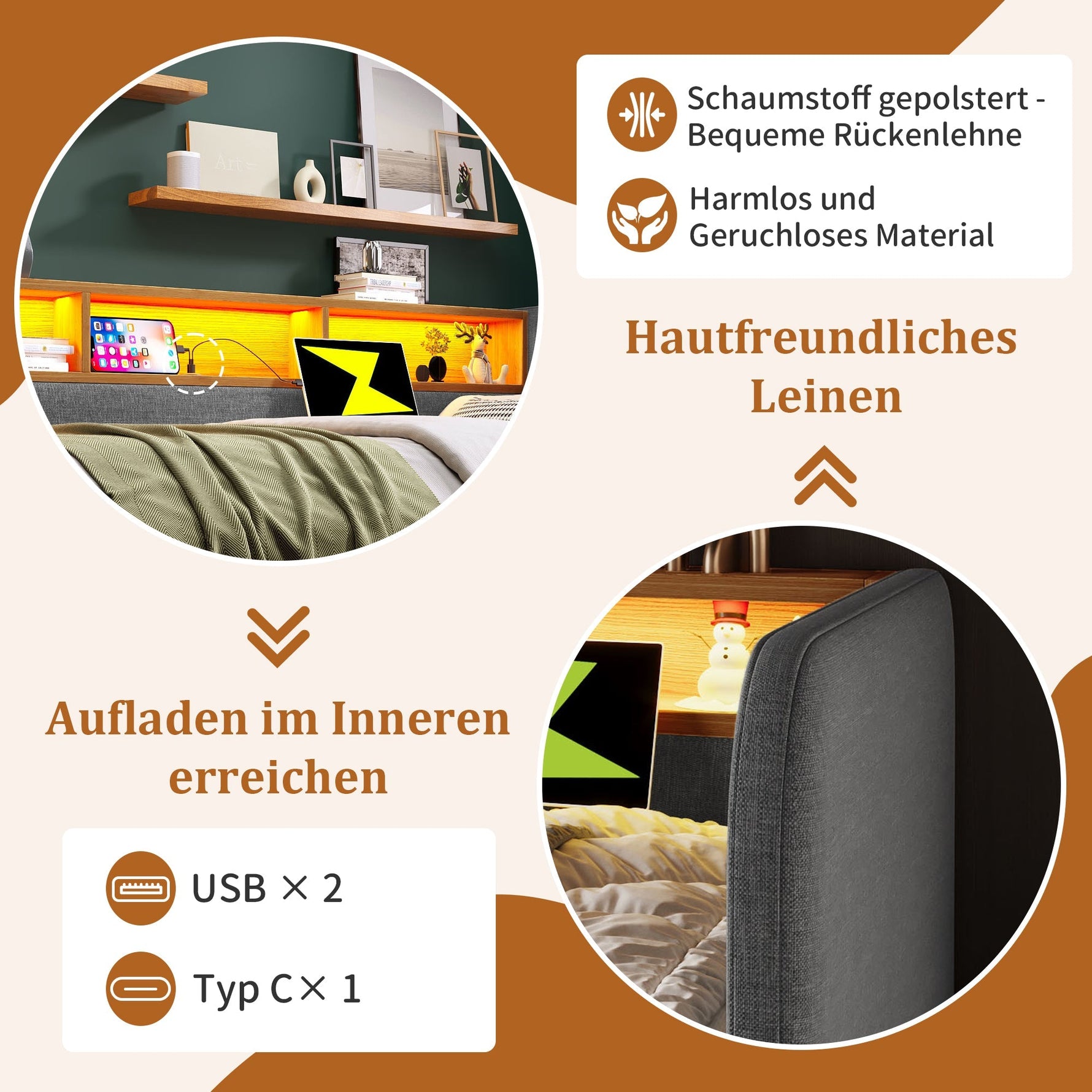 Upholstered Daybed with LED, USB-C and 2 Drawers, 140x190cm, Grey Linen