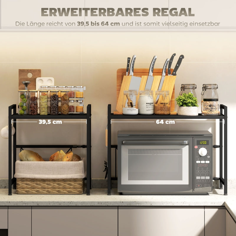 Microwave Shelf Expandable with 3 Hooks, Metal, Black