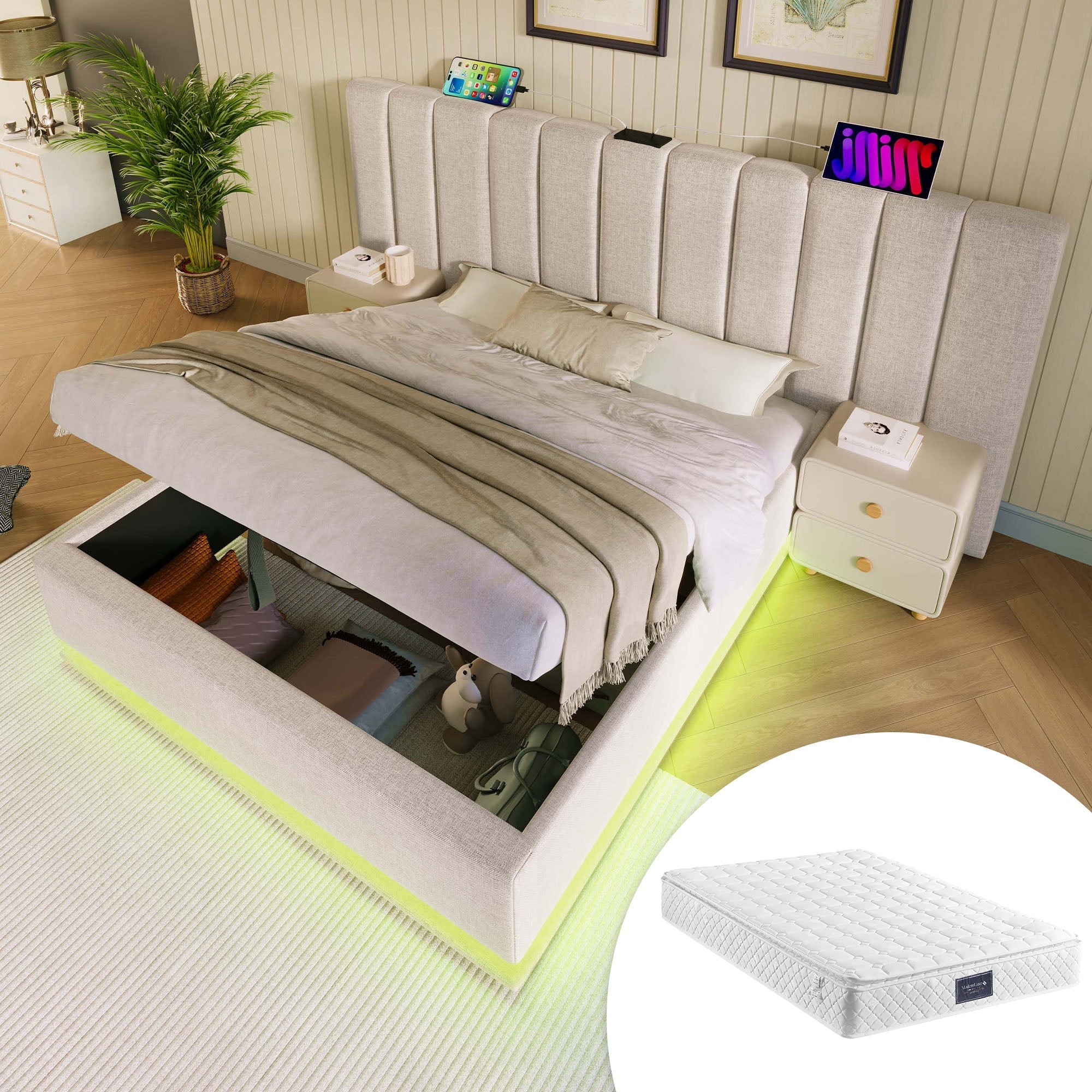 Upholstered Bed 160x200 Double Storage LED USB-C Slatted Base, Linen Beige