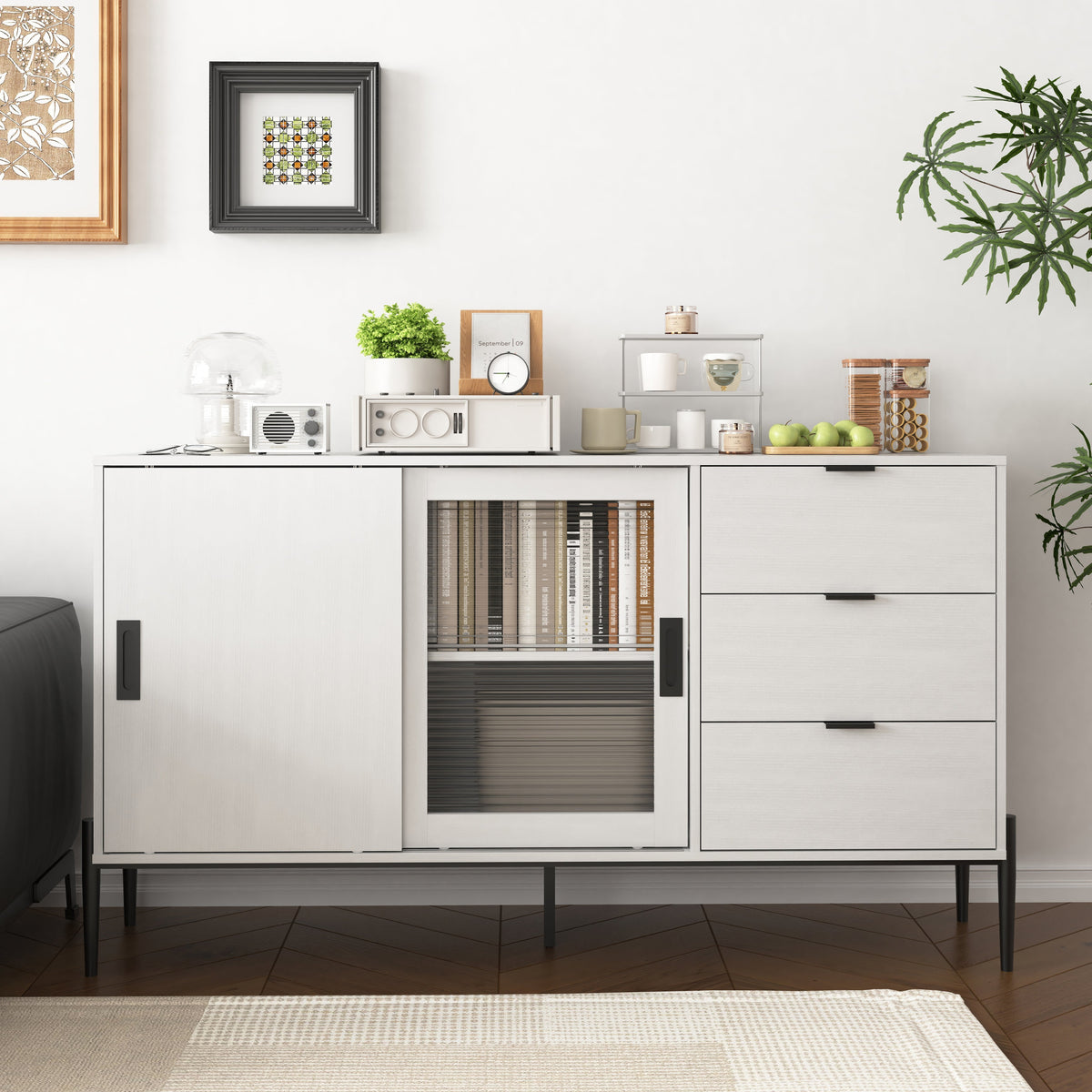 Sideboard Glass Sliding Door 3 Drawers Console Table - White