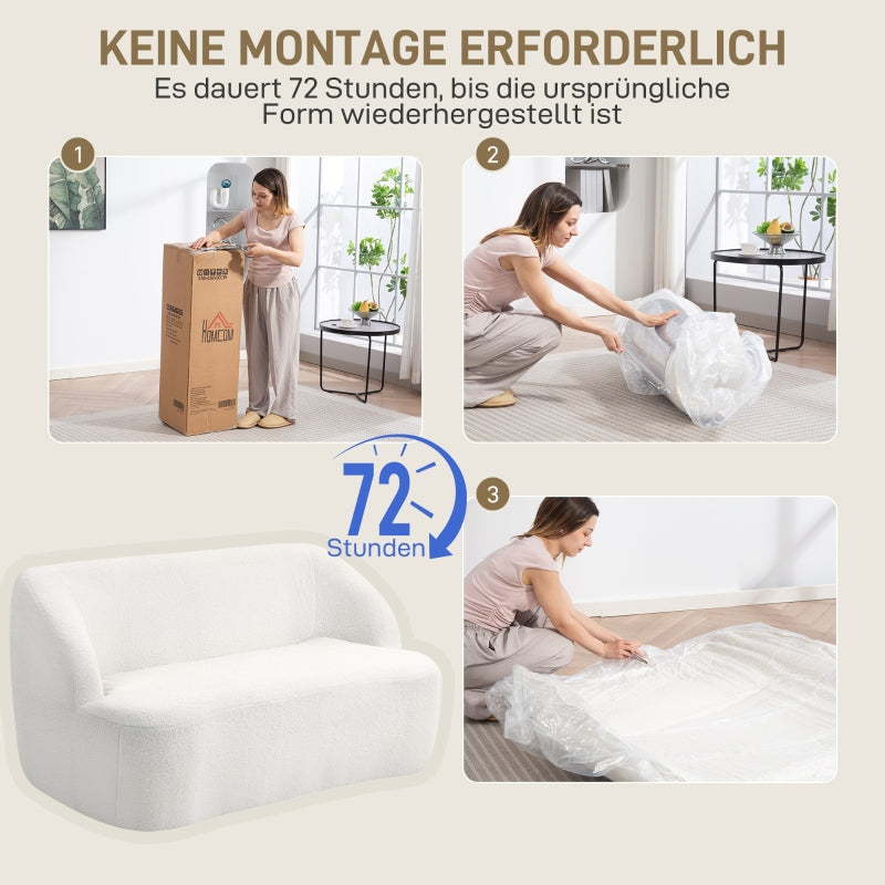 2-Seater Sofa, Curved Design Upholstered with Fleece Cover, Cream White