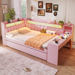 Upholstered Daybed with USB Ports, LED, Pull-out Bed and Desk, 140x200, Pink