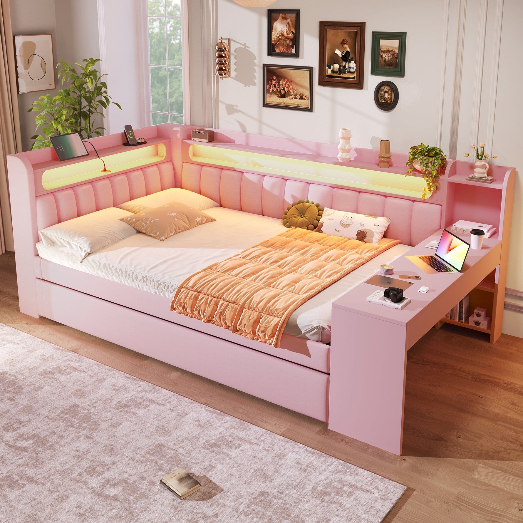 Upholstered Daybed with USB Ports, LED, Pull-out Bed and Desk, 140x200, Pink