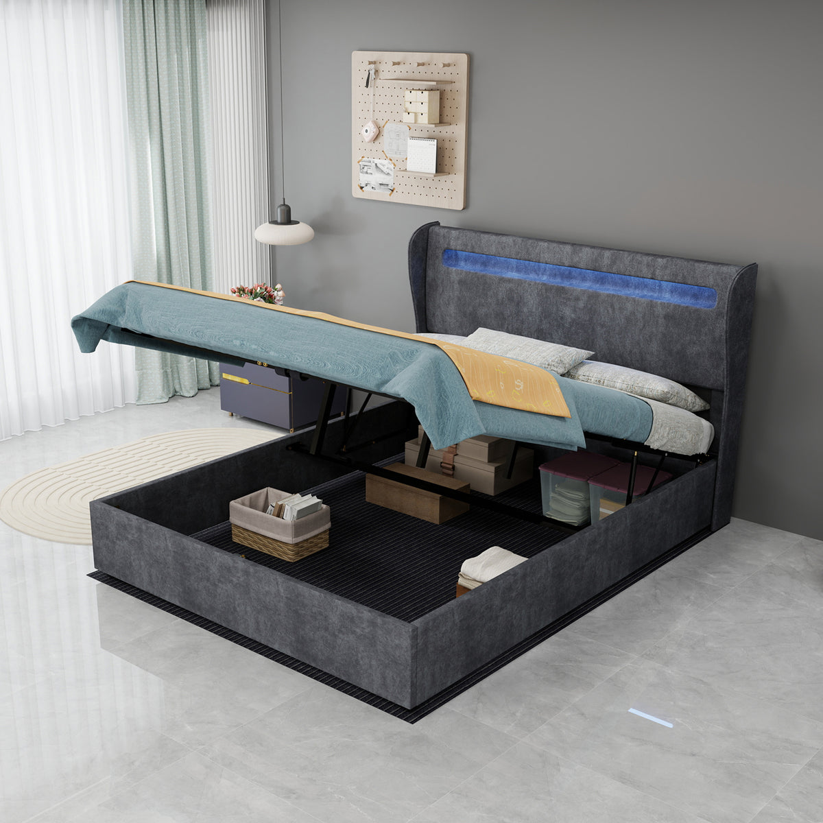 Modern Upholstered Bed with LED & Storage, 140x200 cm, Grey