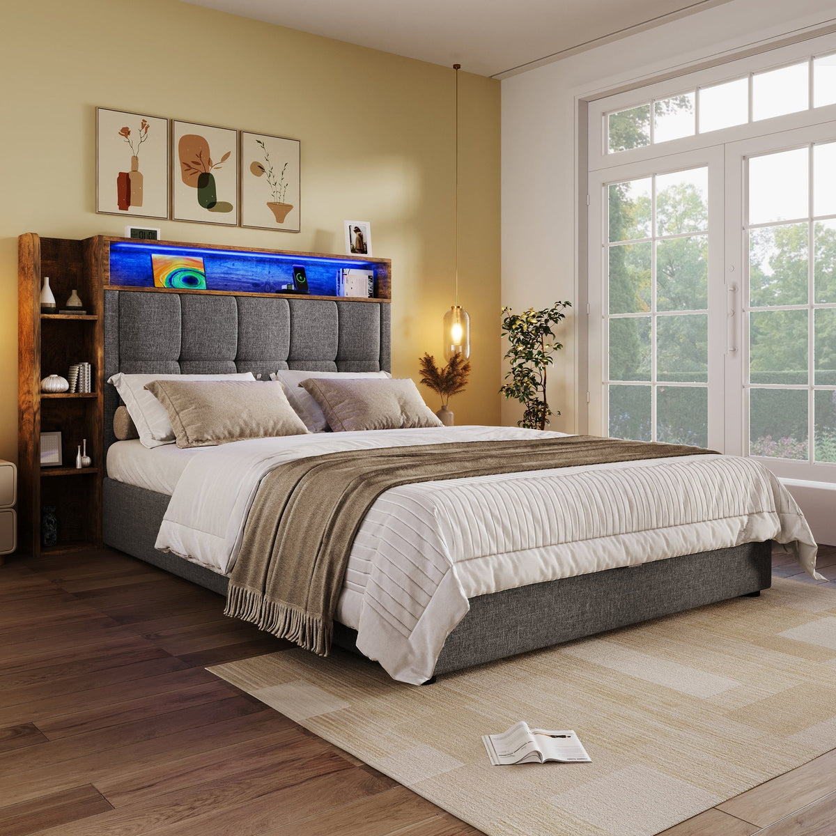 Upholstered Bed 90x200cm Storage LED USB/Type-C App Control - Linen Grey