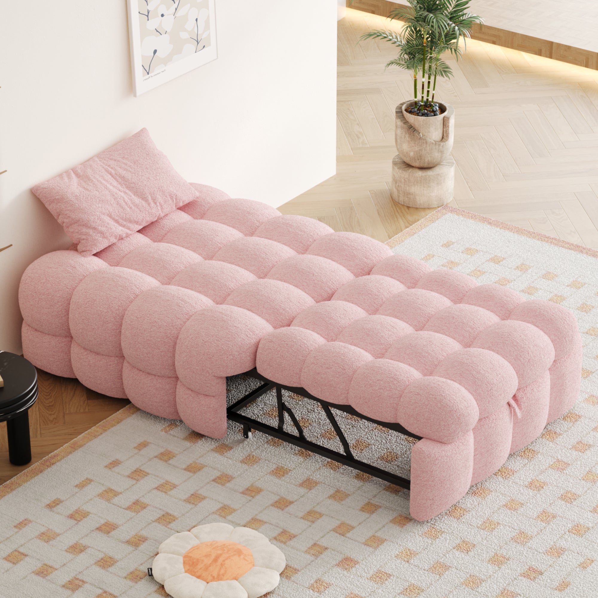 Upholstered Bed, 2-in-1 Footstool Pull-Out Sofa Single Puffy, Teddy Fabric Pink