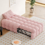 Upholstered Bed, 2-in-1 Footstool Pull-Out Sofa Single Puffy, Teddy Fabric Pink