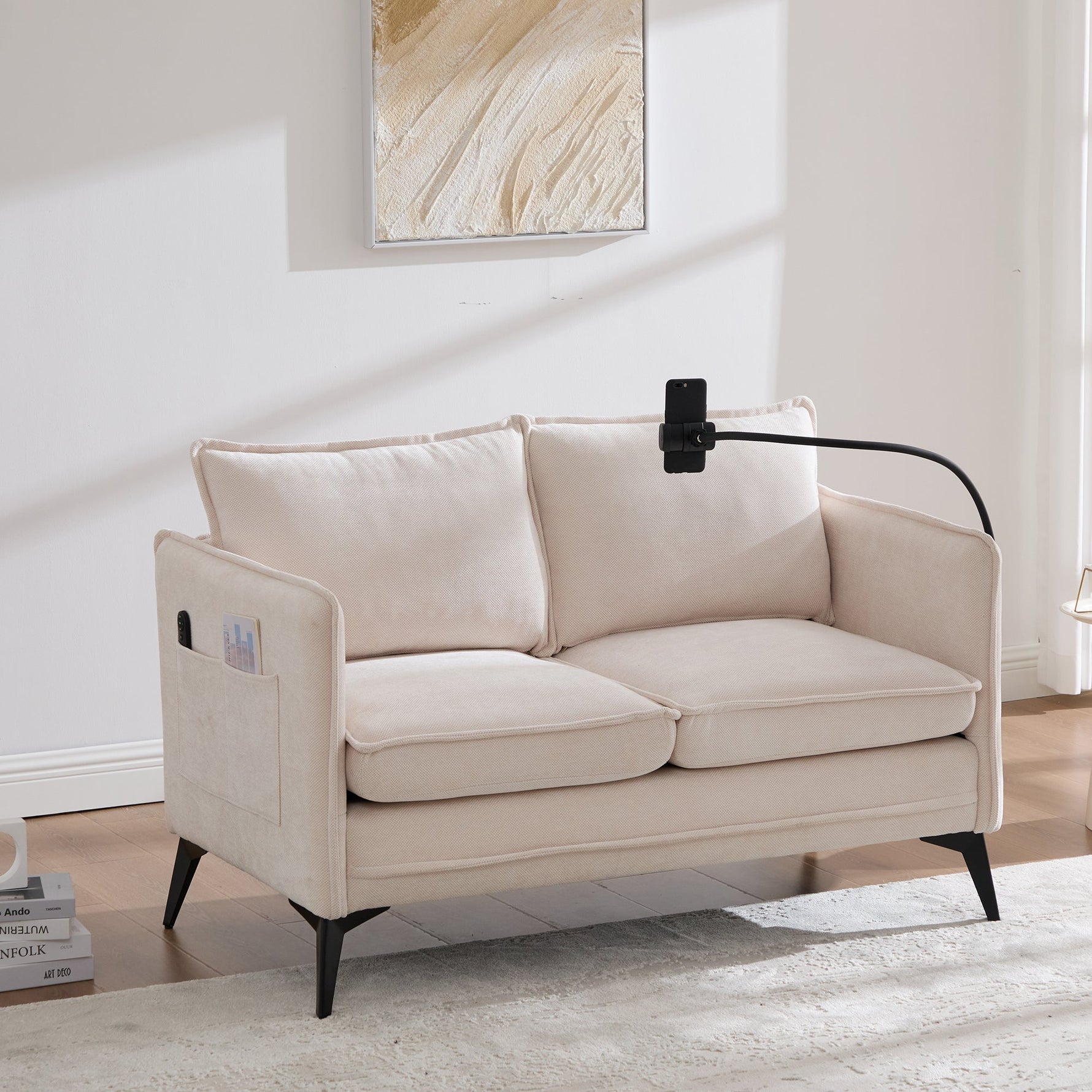 Modern Double Sofa, Small Fabric Armchair with Storage & Phone Holder