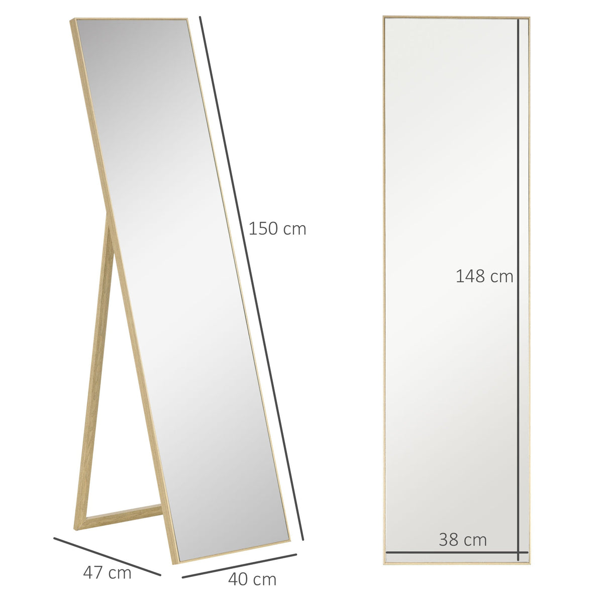 Standing Mirror, Full Length Dressing Makeup, Light Brown Wood Grain