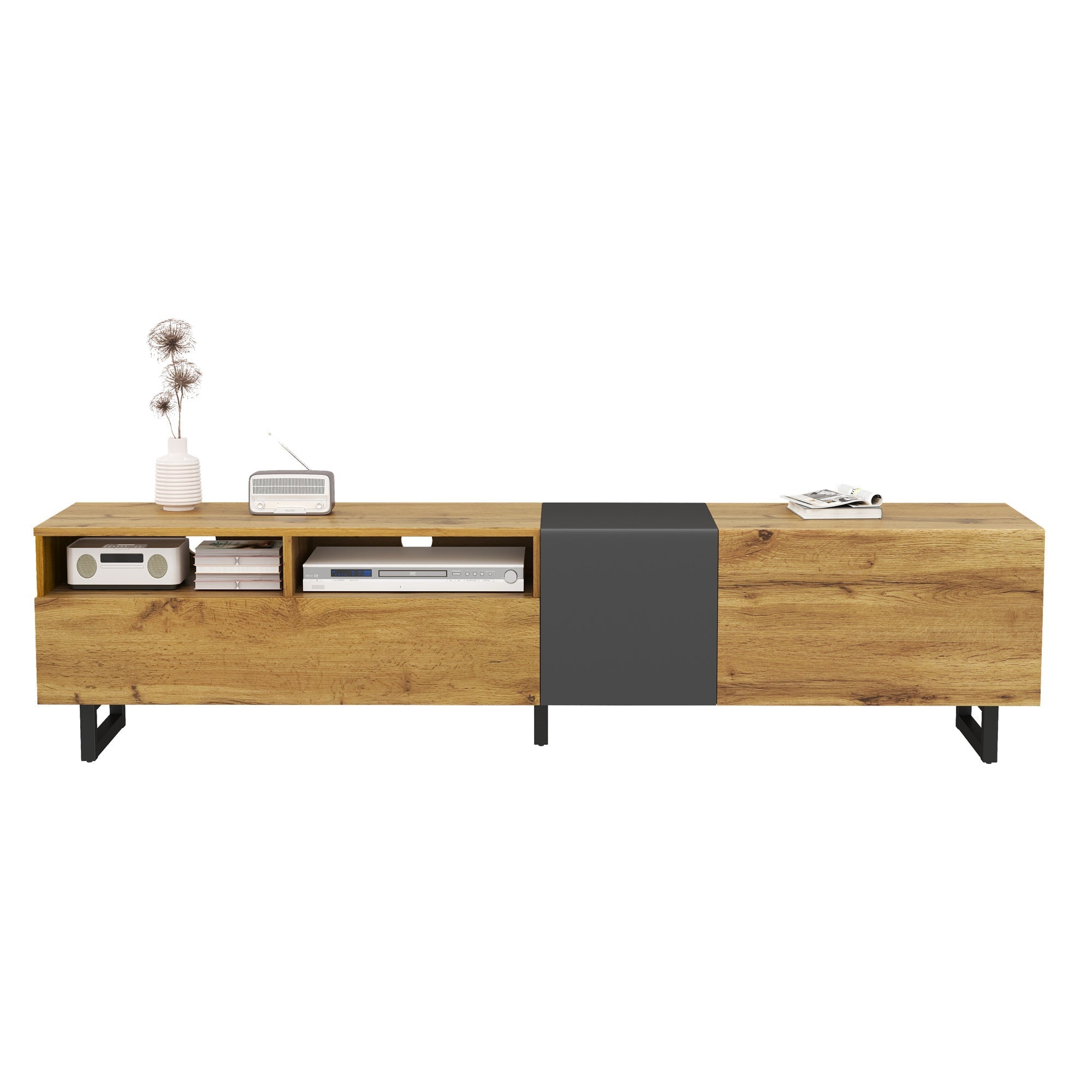 Colorblock TV Cabinet, 3 Doors 2 Compartments U-shaped Metal Legs, Retro Wood Grain