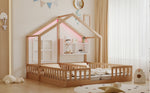 Wooden House Bed 90x200cm Freestanding LED Storage Shelves Wood Color