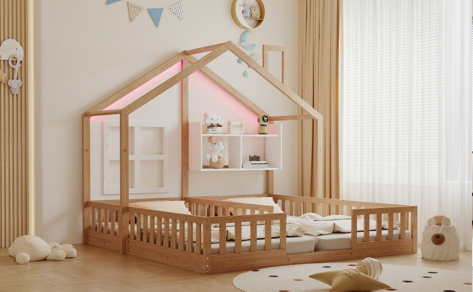 Wooden House Bed 90x200cm Freestanding LED Storage Shelves Wood Color