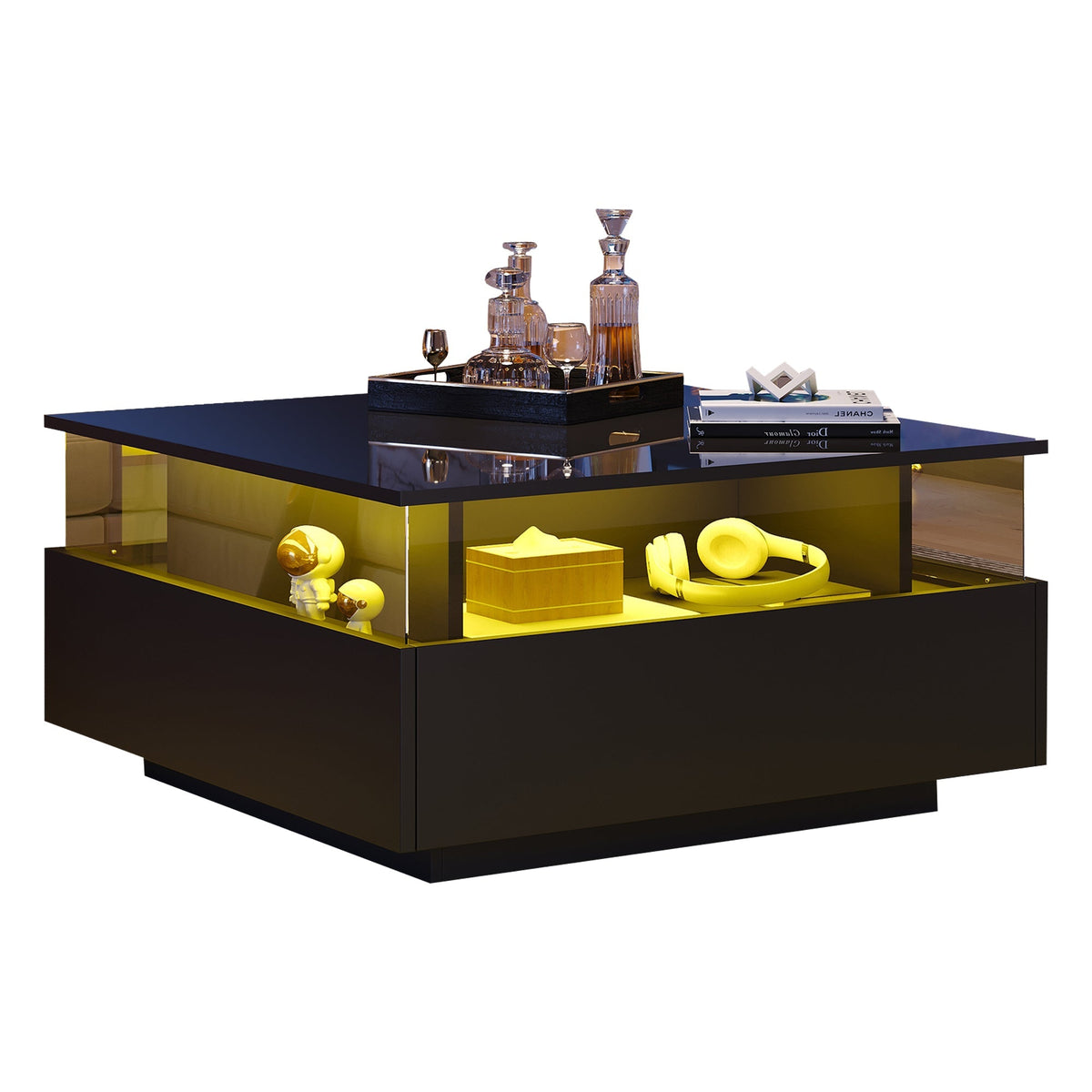 LED Coffee Table 70x70x41cm, 2 Drawers, Transparent Area, High-Gloss