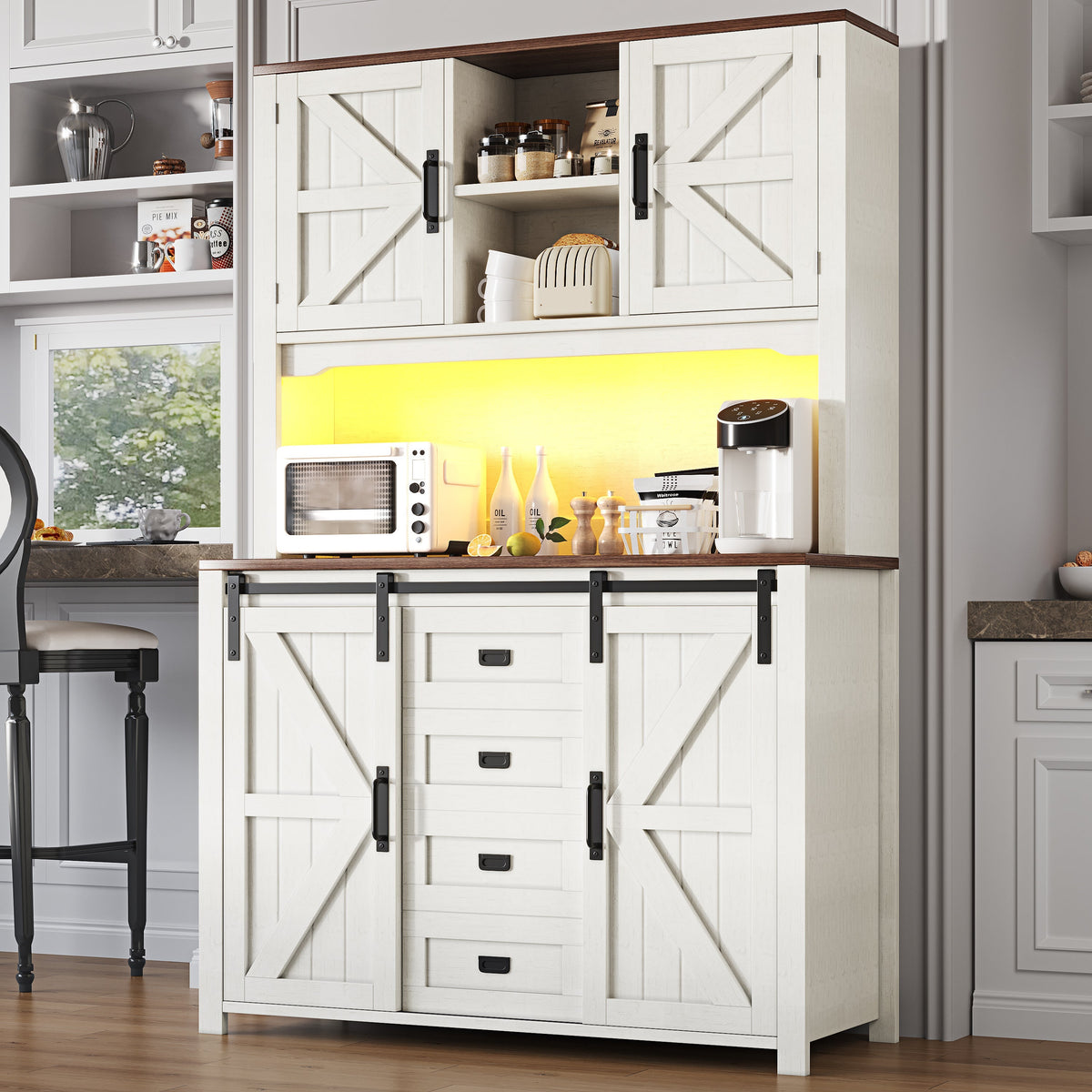 Tall Kitchen Sideboards with Sliding Doors and LED Lighting, Black and White