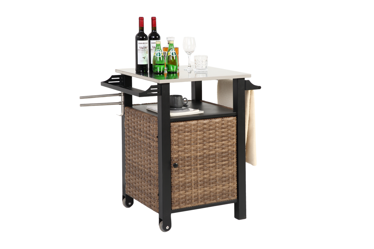 Bar Cart, Outdoor Kitchen Wicker Island Rolling with Stainless Steel Top, Brown
