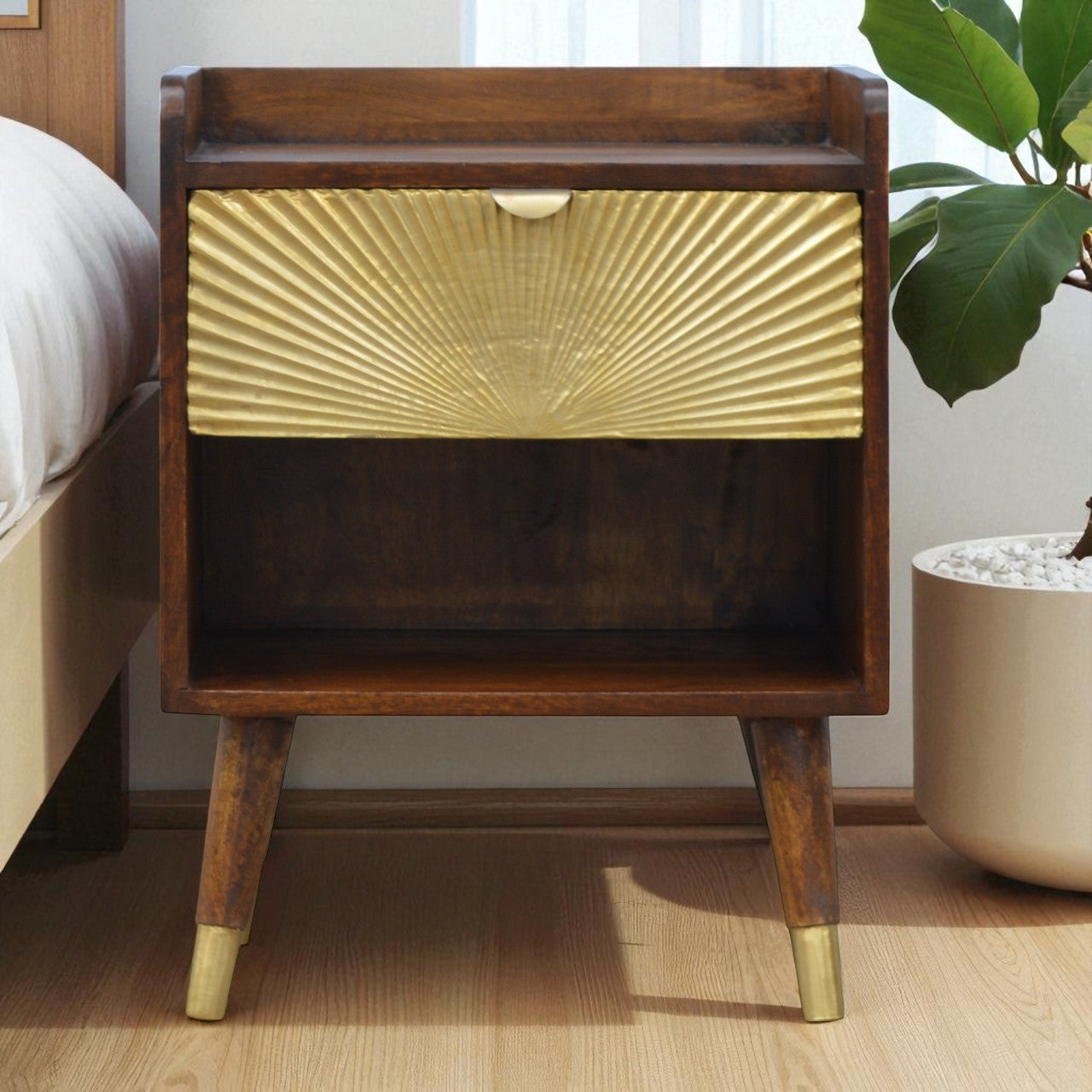 Solid Wood Manila Gold Bedside, One Drawer, 1 Shelf, Dark Brown & Golden