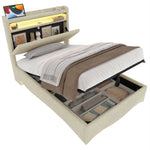 Upholstered Bed with LED Lighting, Hydraulic Storage, and USB Ports, Beige Linen Fabric