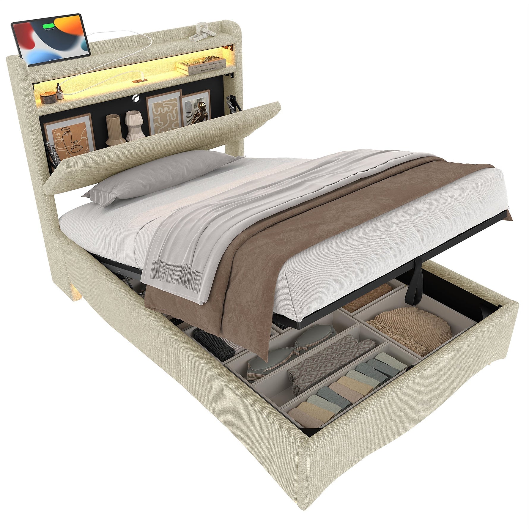 Upholstered Bed with LED Lighting, Hydraulic Storage, and USB Ports, Beige Linen Fabric