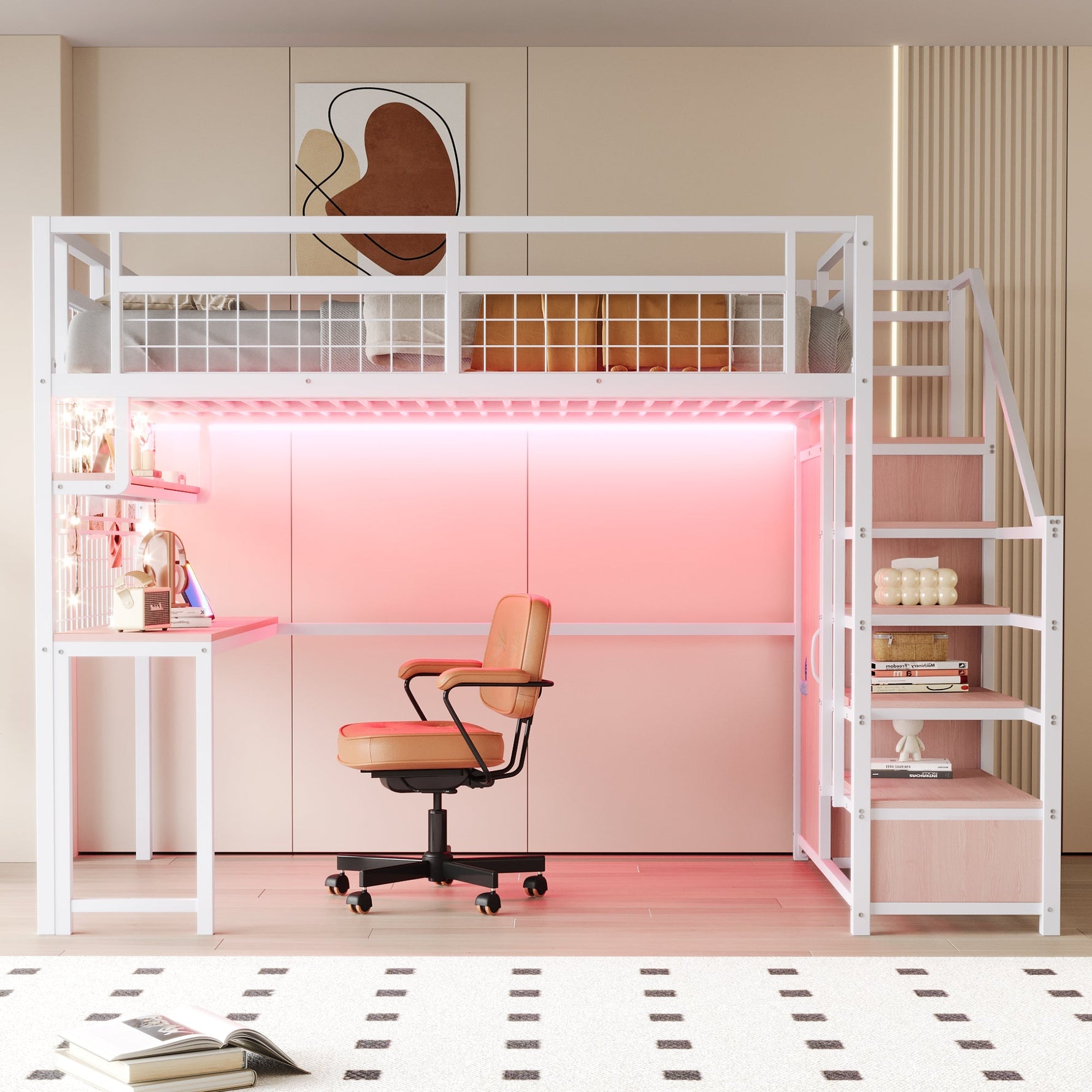 Metal Loft Bed with Storage Ladder, Wardrobe, Table and LED, 140x200cm, White Metal