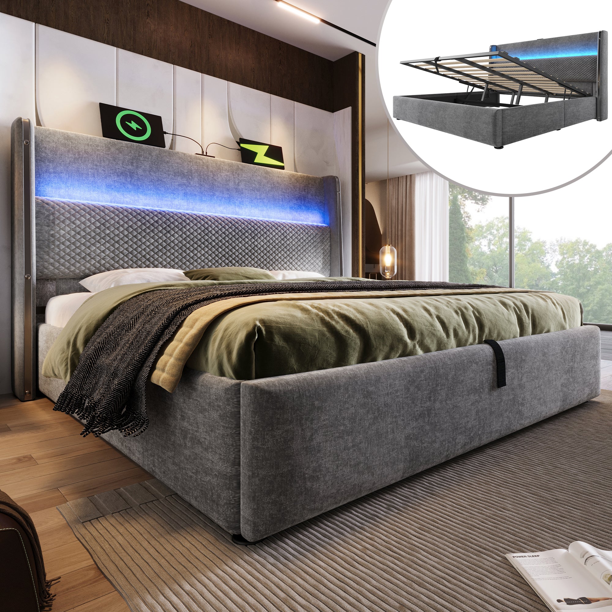 Hydraulic Bed 180x200cm LED Storage USB/Type-C Ports, Linen Look Grey