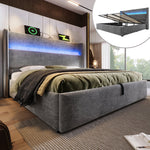 Hydraulic Bed 180x200cm LED Storage USB/Type-C Ports, Linen Look Grey
