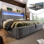 Hydraulic Double Bed 160x200 with LED, Storage & USB, Grey Linen