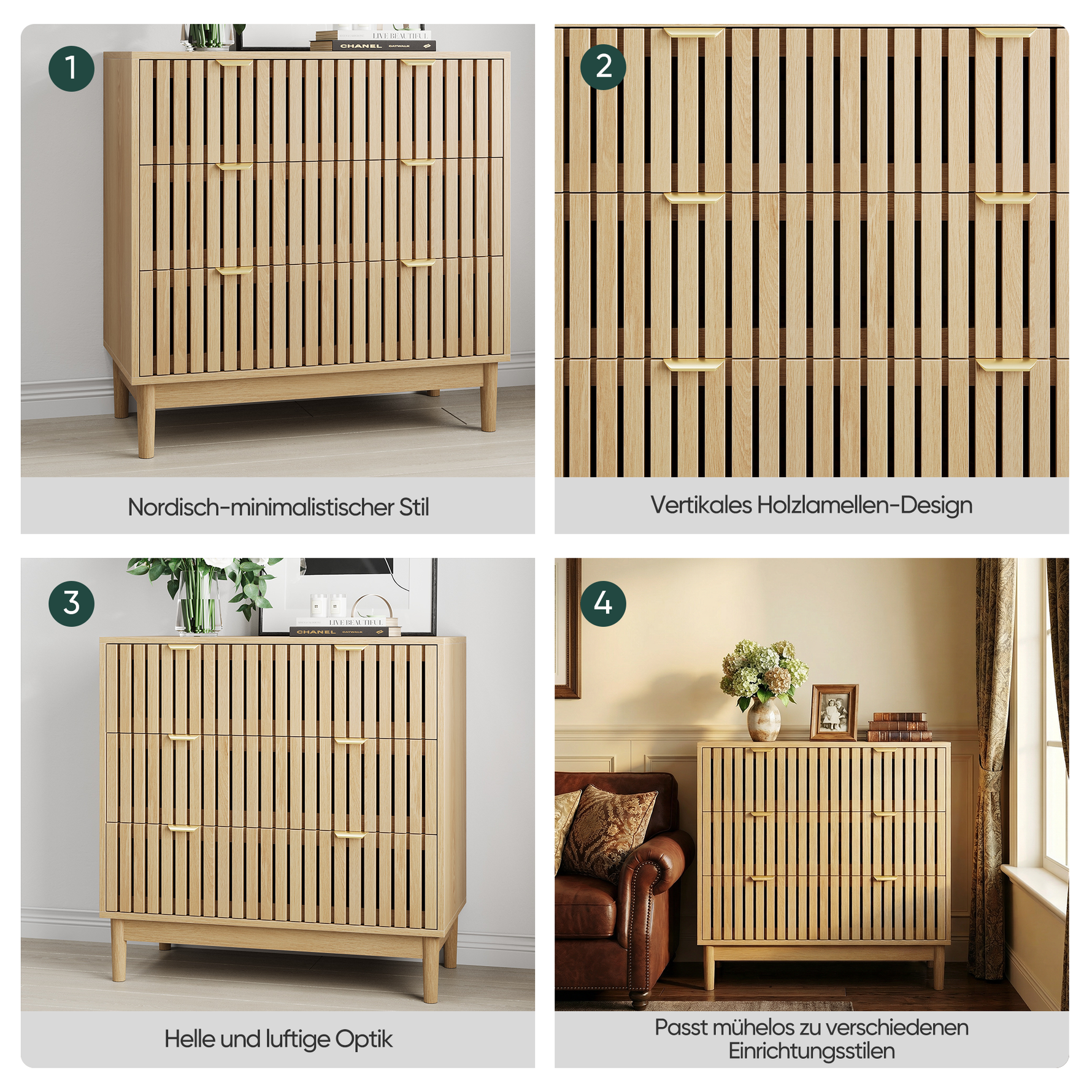 Modern Chest of Drawers, 3 Drawer Medieval Country Style Storage Cabinet for Bedroom and Living Room, Oak Wood