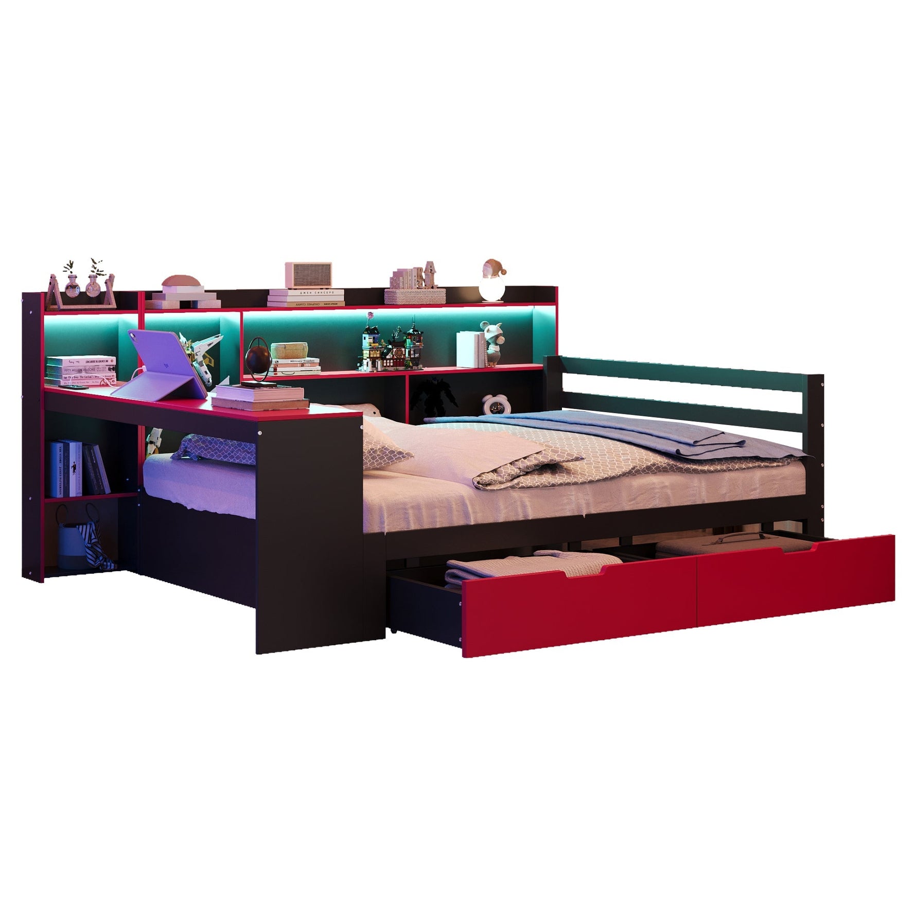 Wooden Sofa Bed with Desk, Bookshelf, Storage and LED, 140x200cm, Black and Red Wood