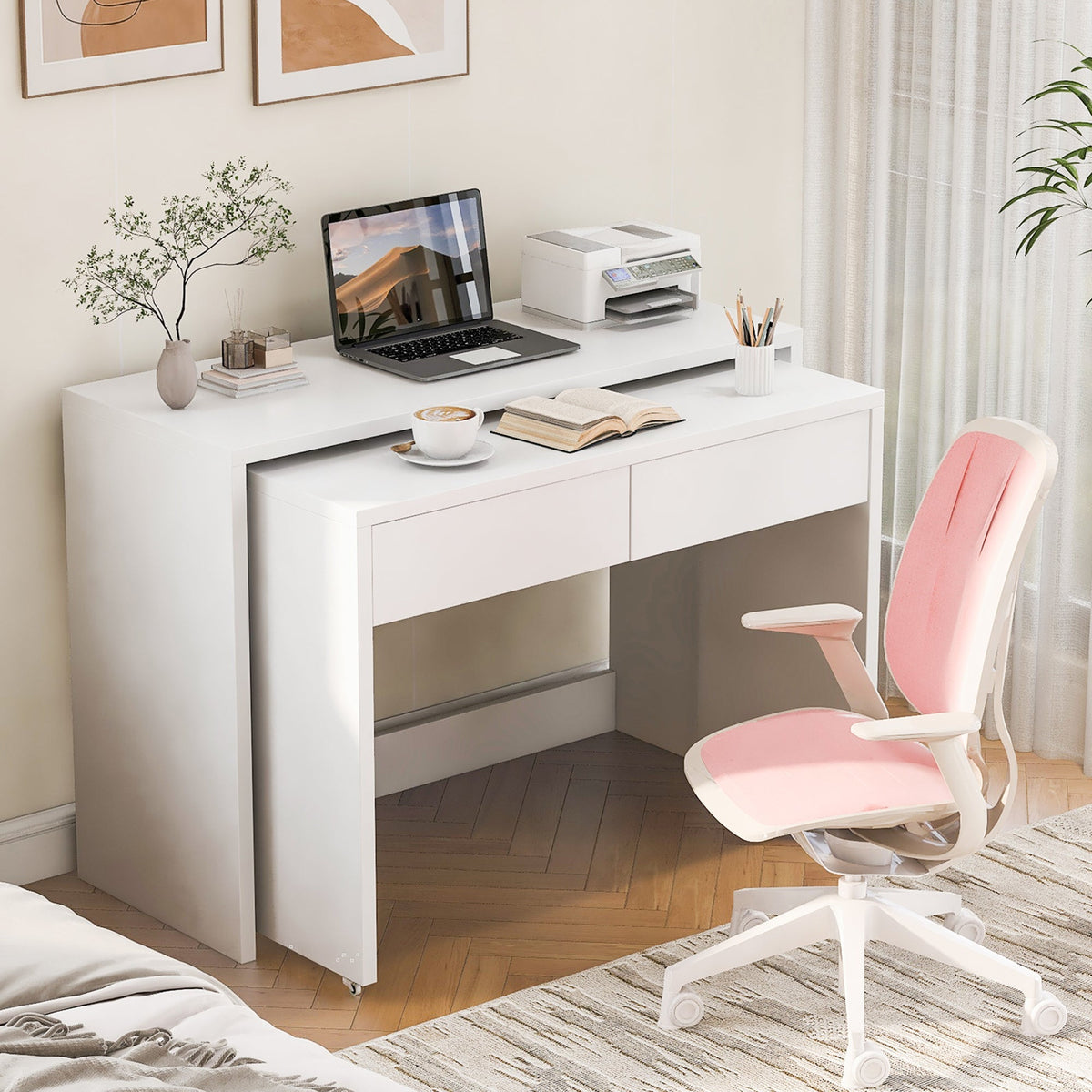 Desk + Chest of Drawers, 2-in-1 Extendable Compact Foldable, 1.8cm Thick Wood
