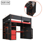 Gaming Wooden Loft Bed with Desk, Multi-Tier Storage, LED Lighting, USB Port and Staircase, Black and Red