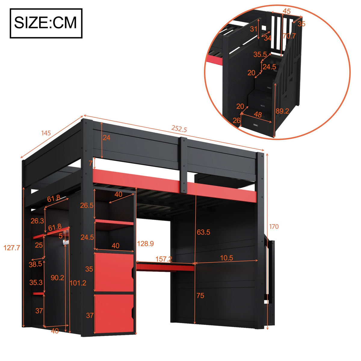 Gaming Wooden Loft Bed with Desk, Multi-Tier Storage, LED Lighting, USB Port and Staircase, Black and Red