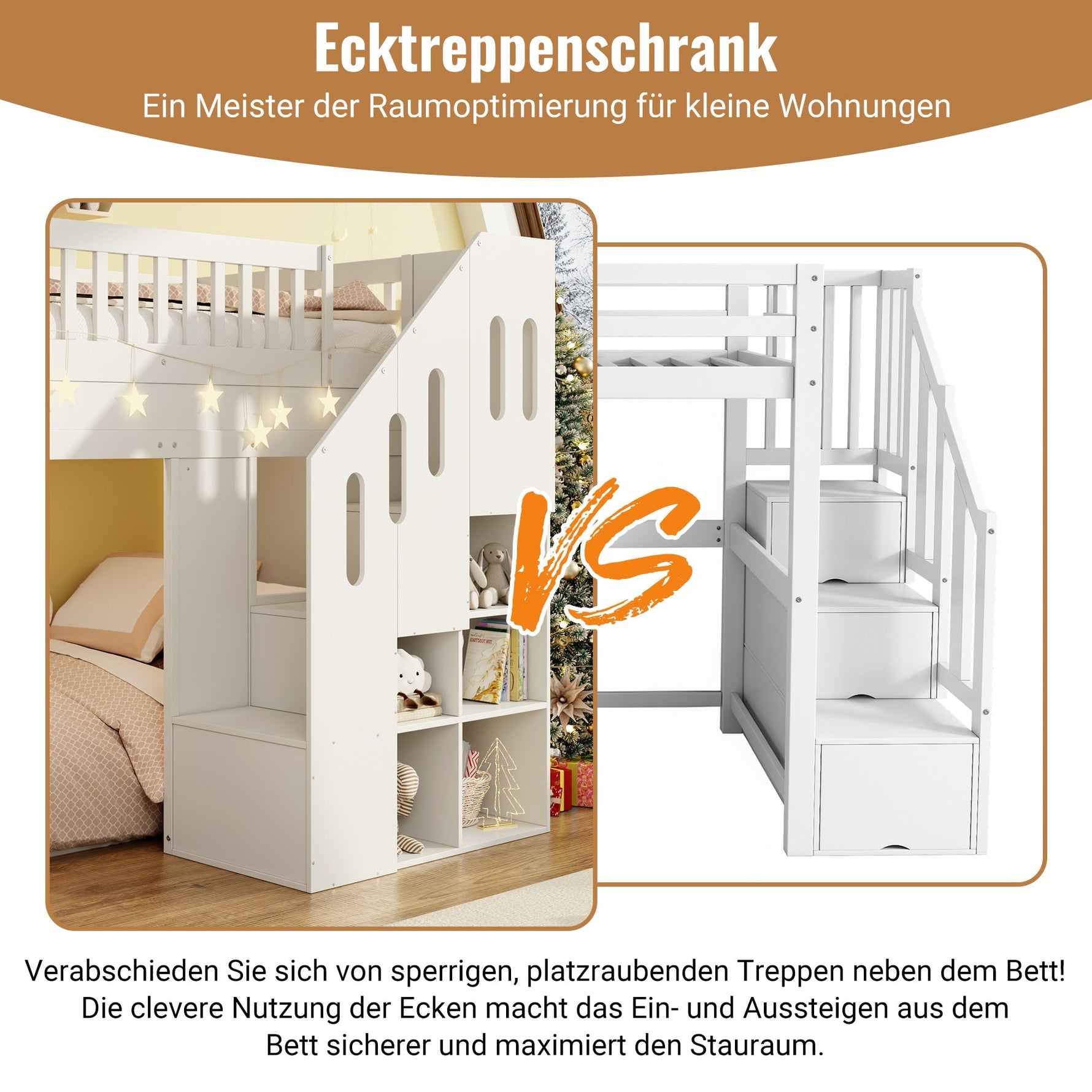 Bunk Bed with Slide, Storage Stairs and LED Light Strip, White Solid Wood