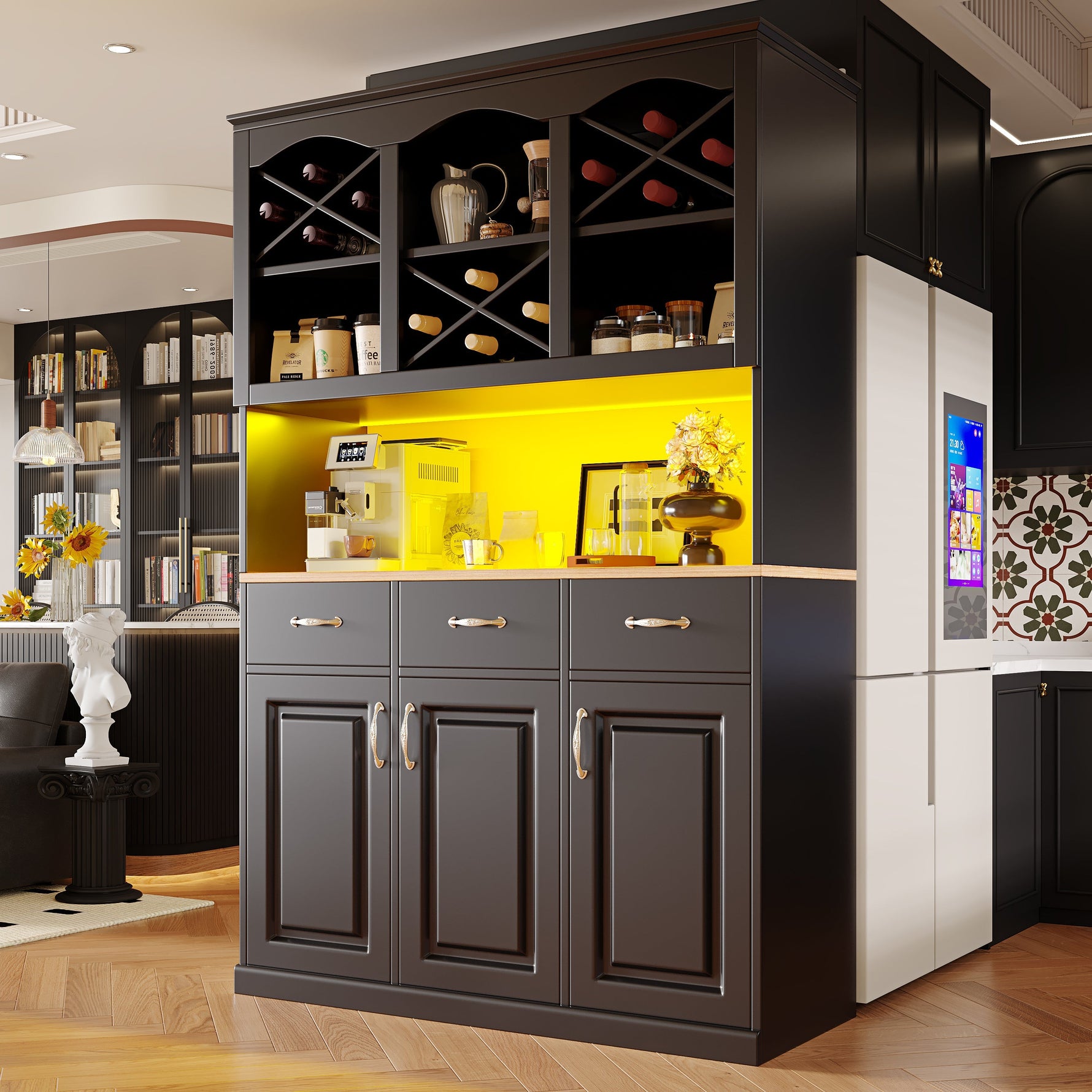 Kitchen Cabinet Tall Buffet 120cm 3 Doors 3 Drawers LED Black