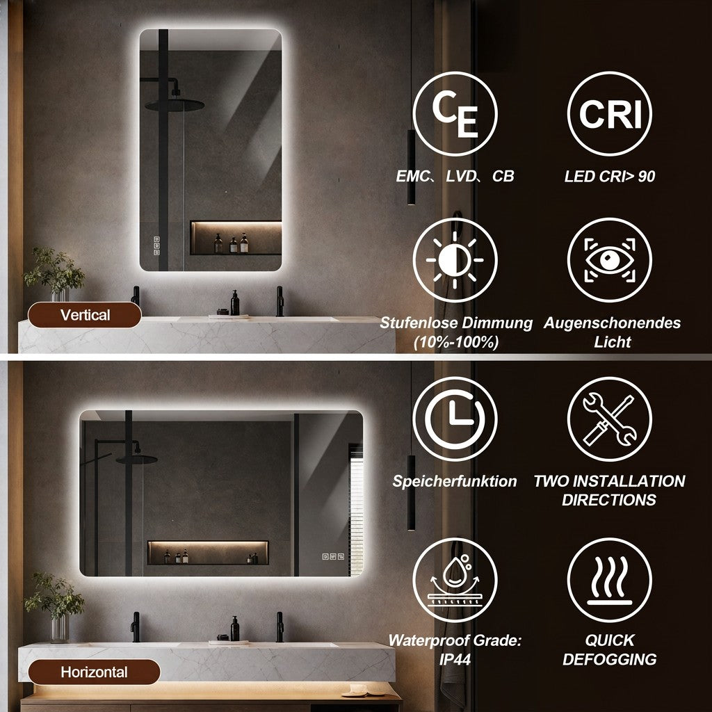 LED Bathroom Mirror 60x100 cm - Backlit Dimmable HD Silver Glass