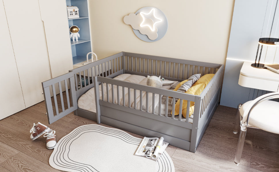 Children's Bed 140x200cm with Railing & Door, Grey Wood