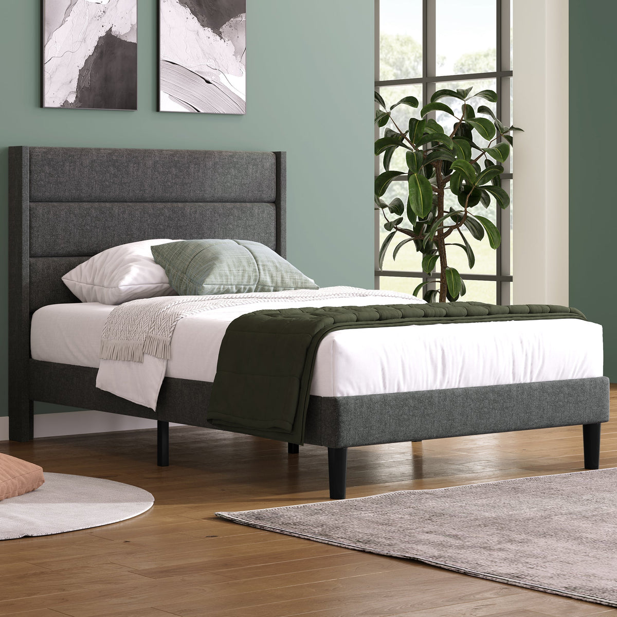 Upholstered Bed: Slatted Frame & Headboard, 90x200cm, Grey Linen