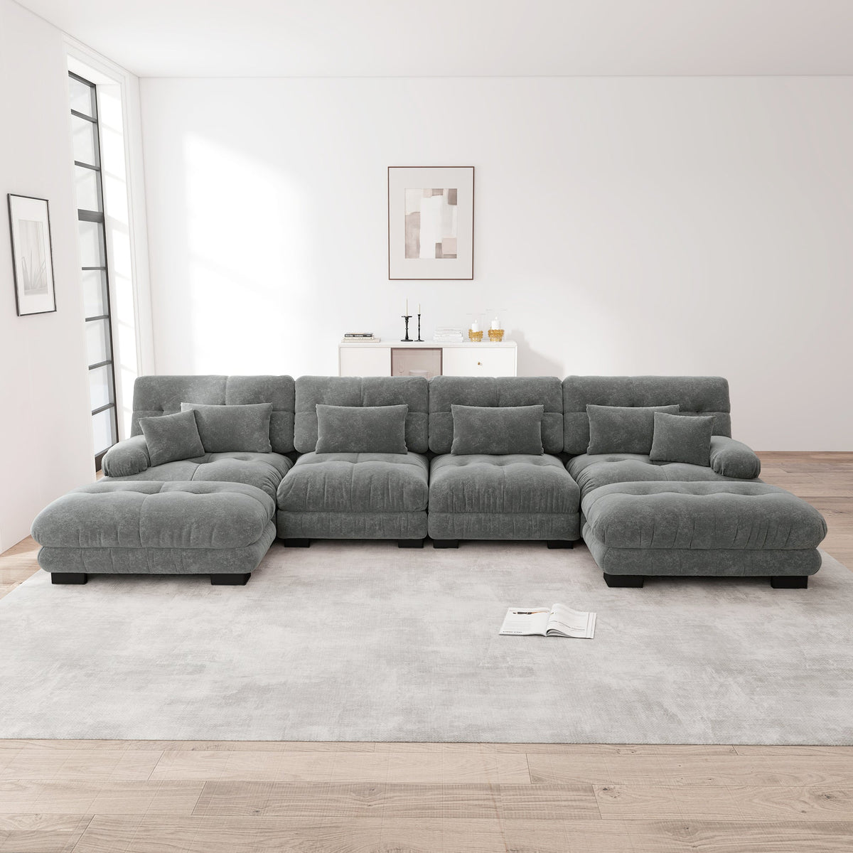 Modular Corner Sofa U-Shaped 4-Seater Movable Ottoman Chenille Grey