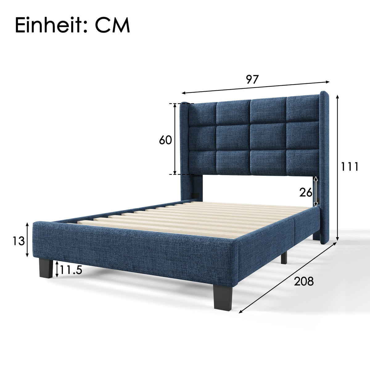 Modern design upholstered bed, single with slatted frame 90x200cm, blue linen