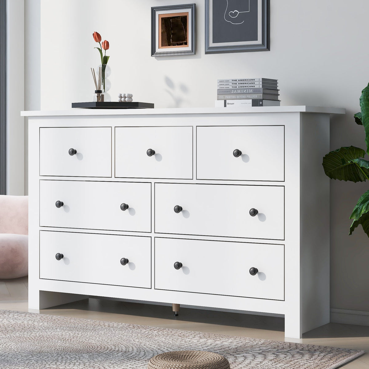 Dining Cabinet, Modern Minimalist 7-Drawer Buffet, White