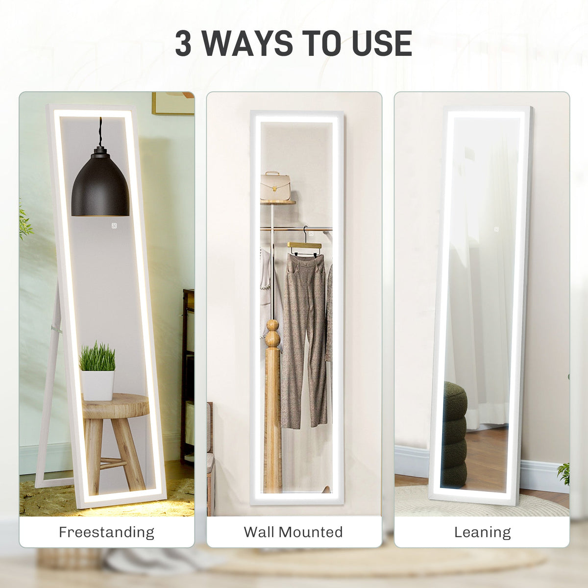 Full-Length Mirror, LED Light, Touch Control, White