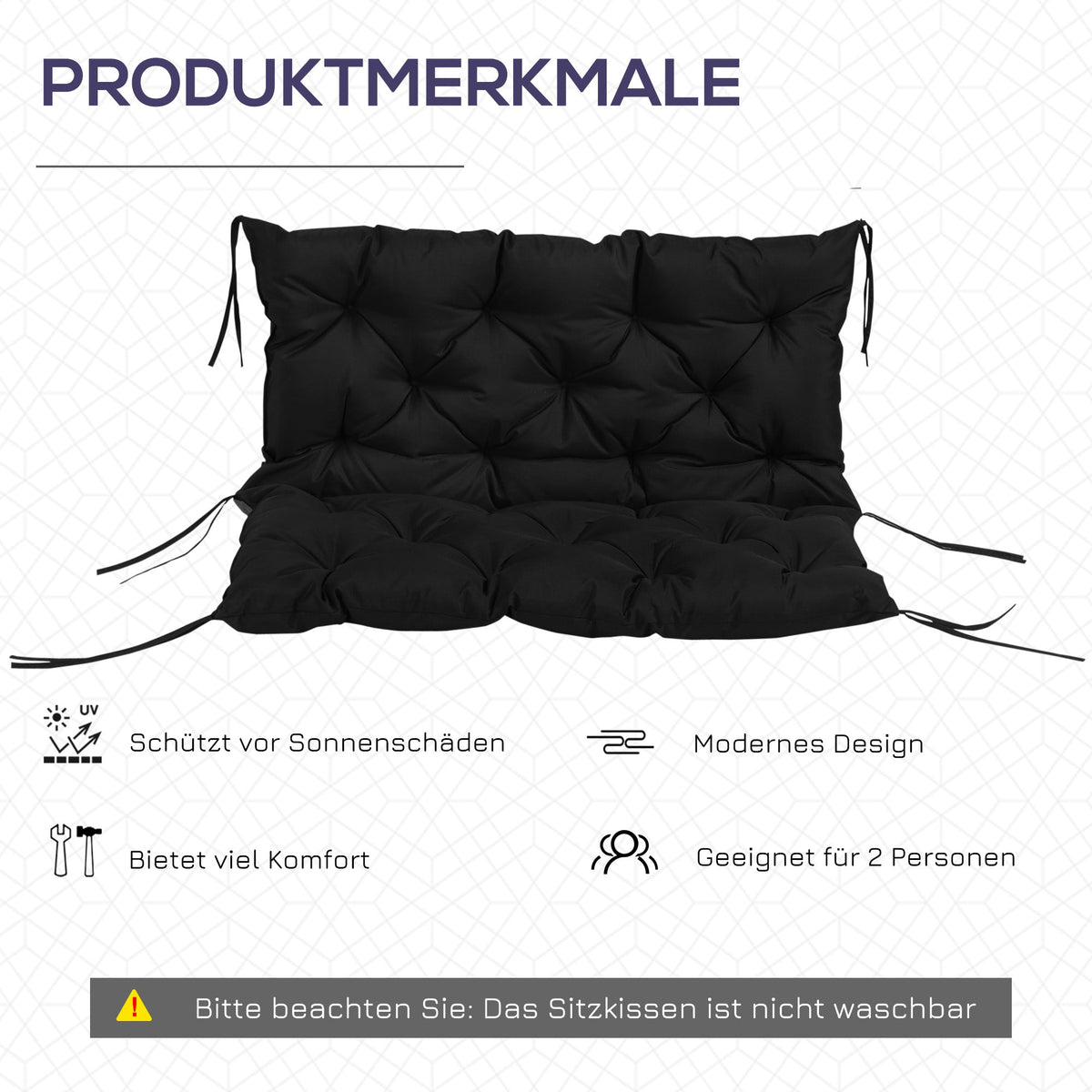 3-Seater Bench Cushion with Ties, Outdoor/Indoor, Black
