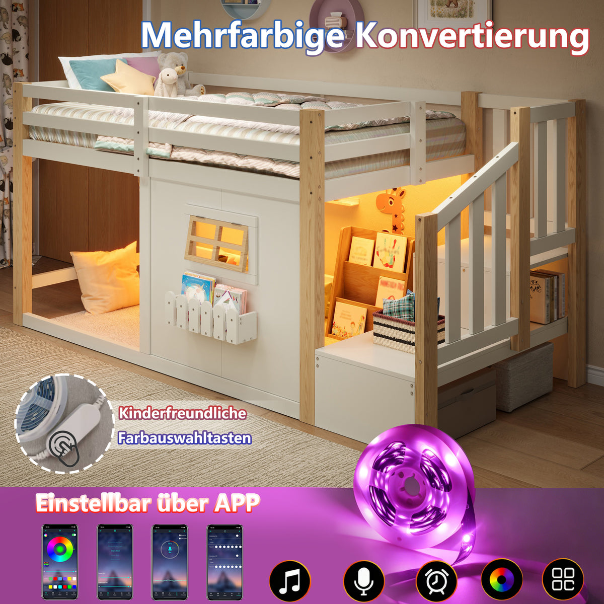Loft Bed 90x200cm with Window, Storage & LED, Natural White Pine