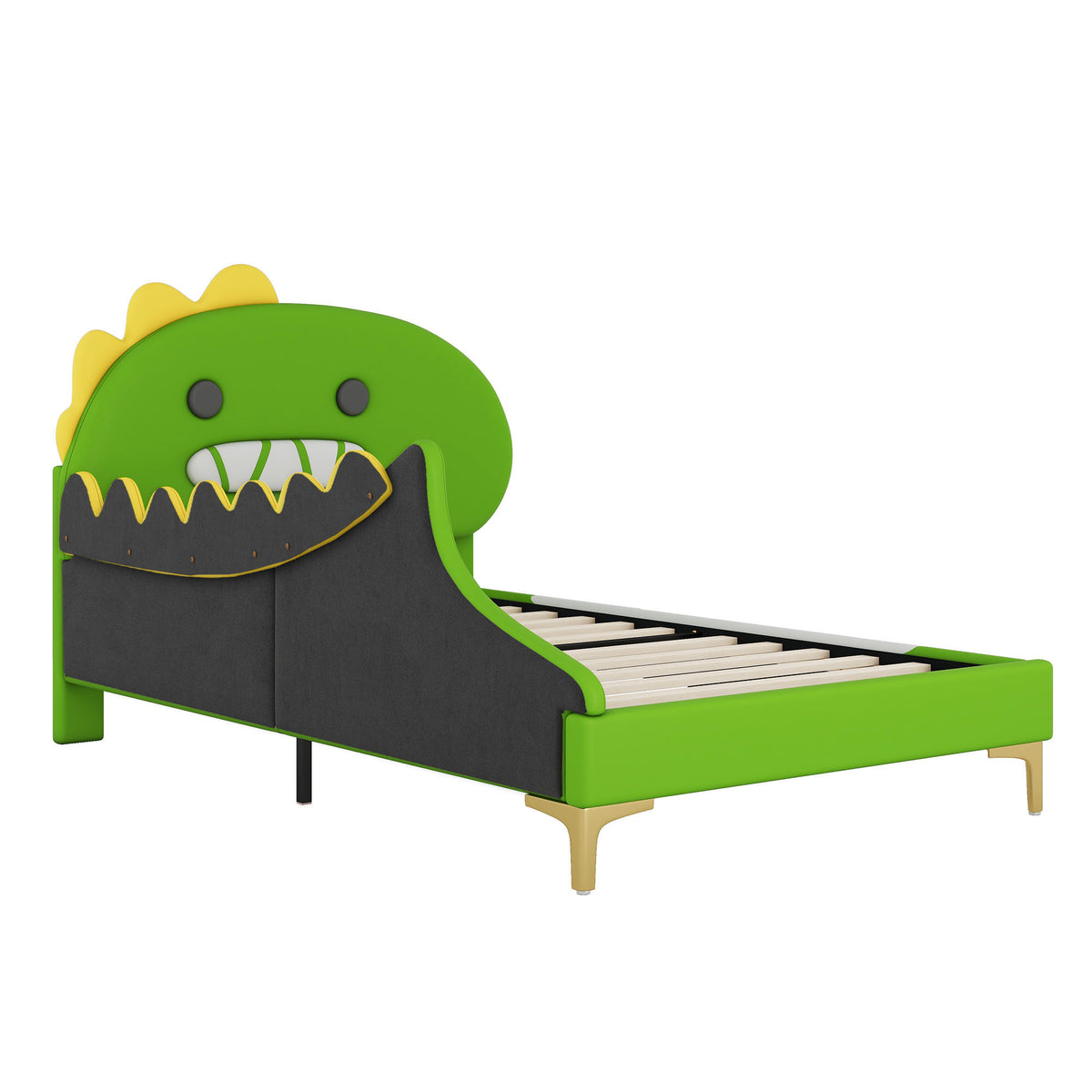 Children's Bed 90x200cm Dinosaur Shape Flat Bed, Green PU